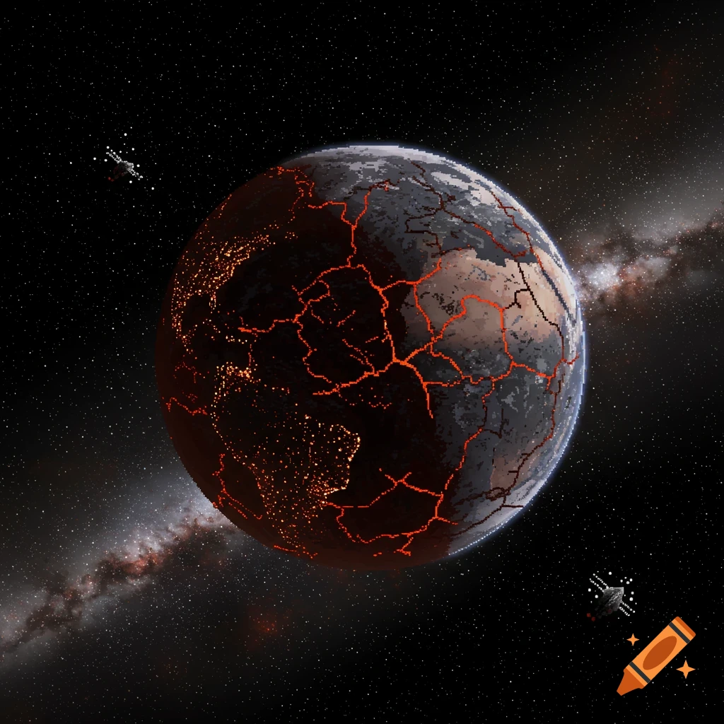 Pixelated view of a cracked Earth from space with glowing magma and spacecraft.