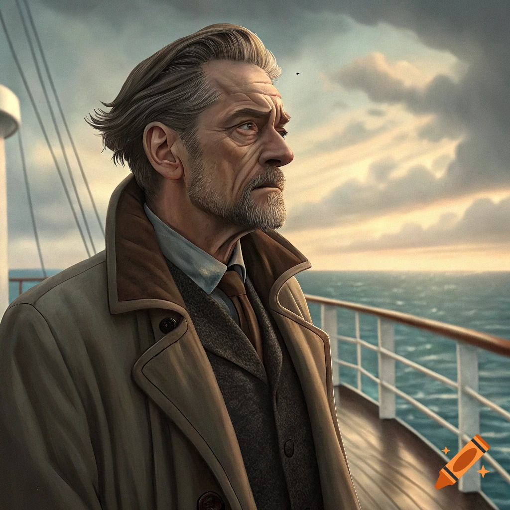 Older man in a trench coat standing on a ship deck looking at the ocean.