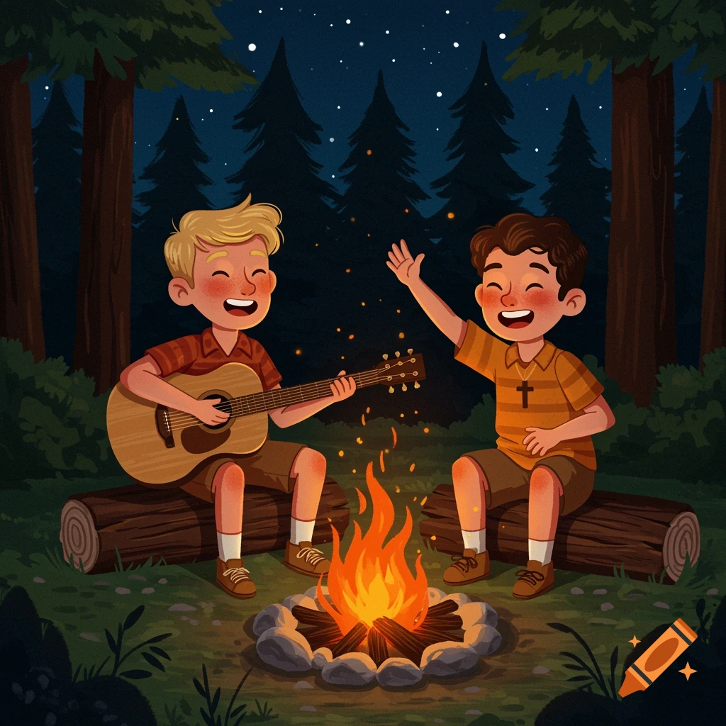 Illustration of two boys singing and playing guitar by a campfire at night under a starry sky.