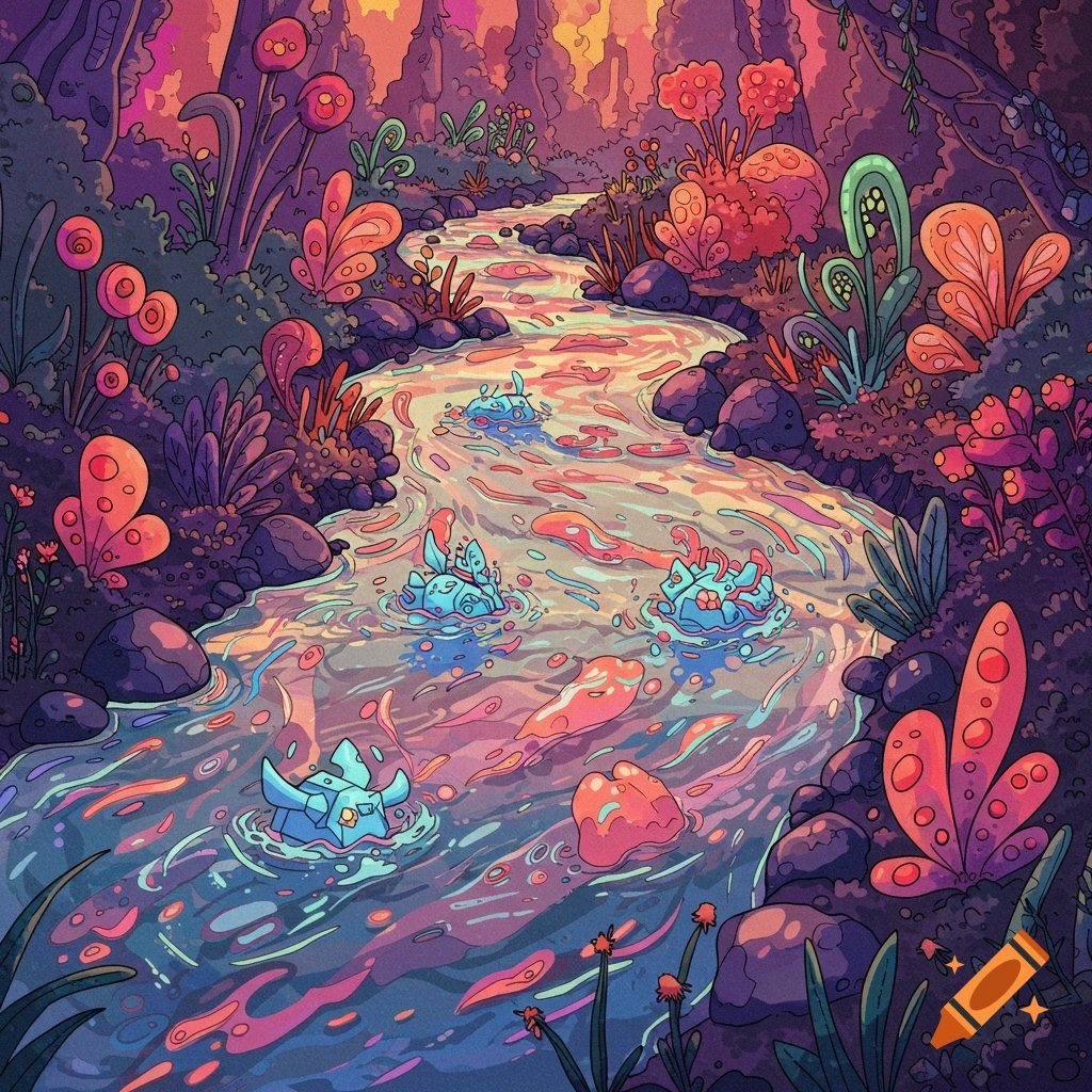 Cartoon psychedelic forest scene with a colorful river and strange plants.