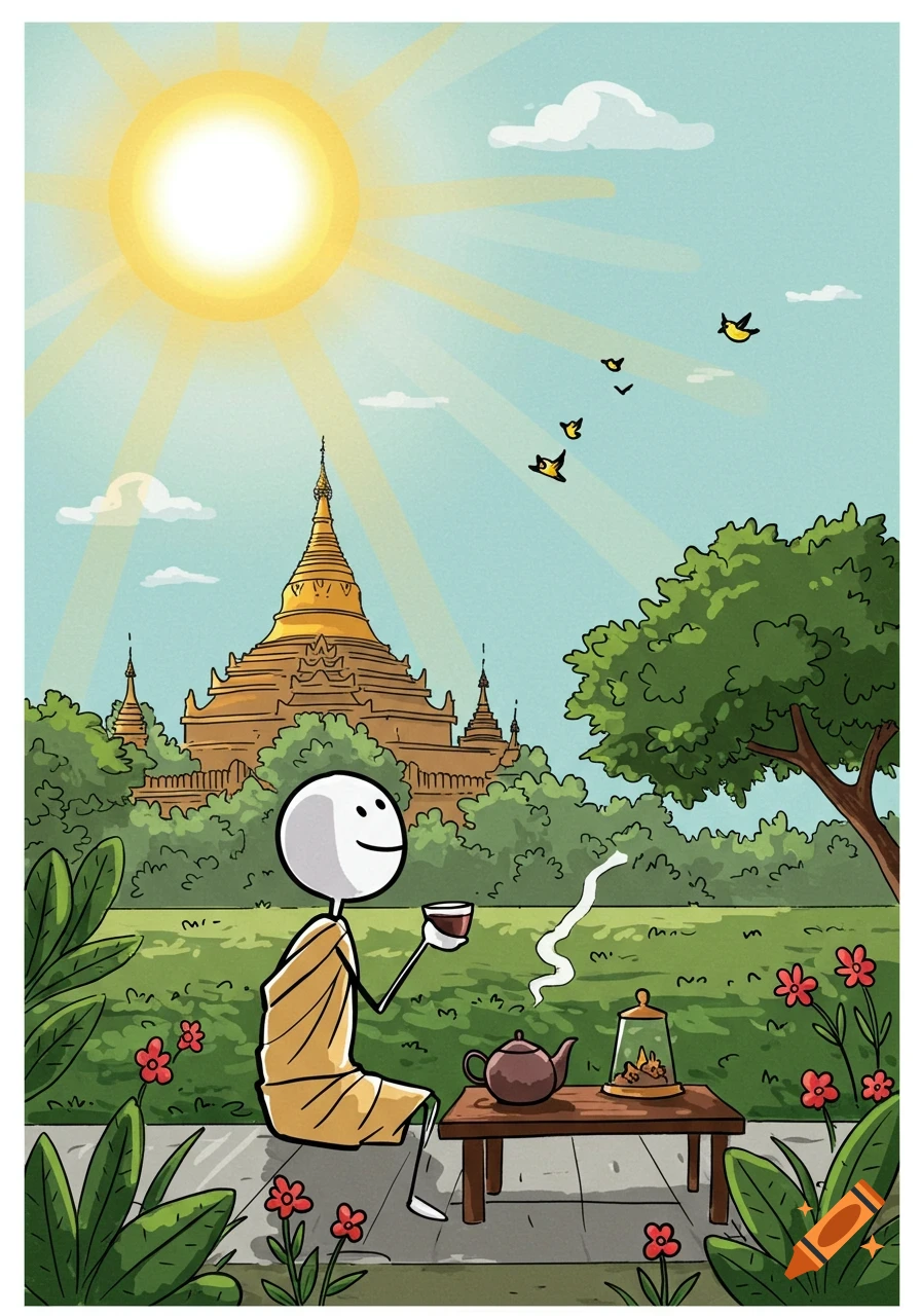 Illustration of a stick figure monk drinking tea by a pagoda under a bright sun with birds flying.