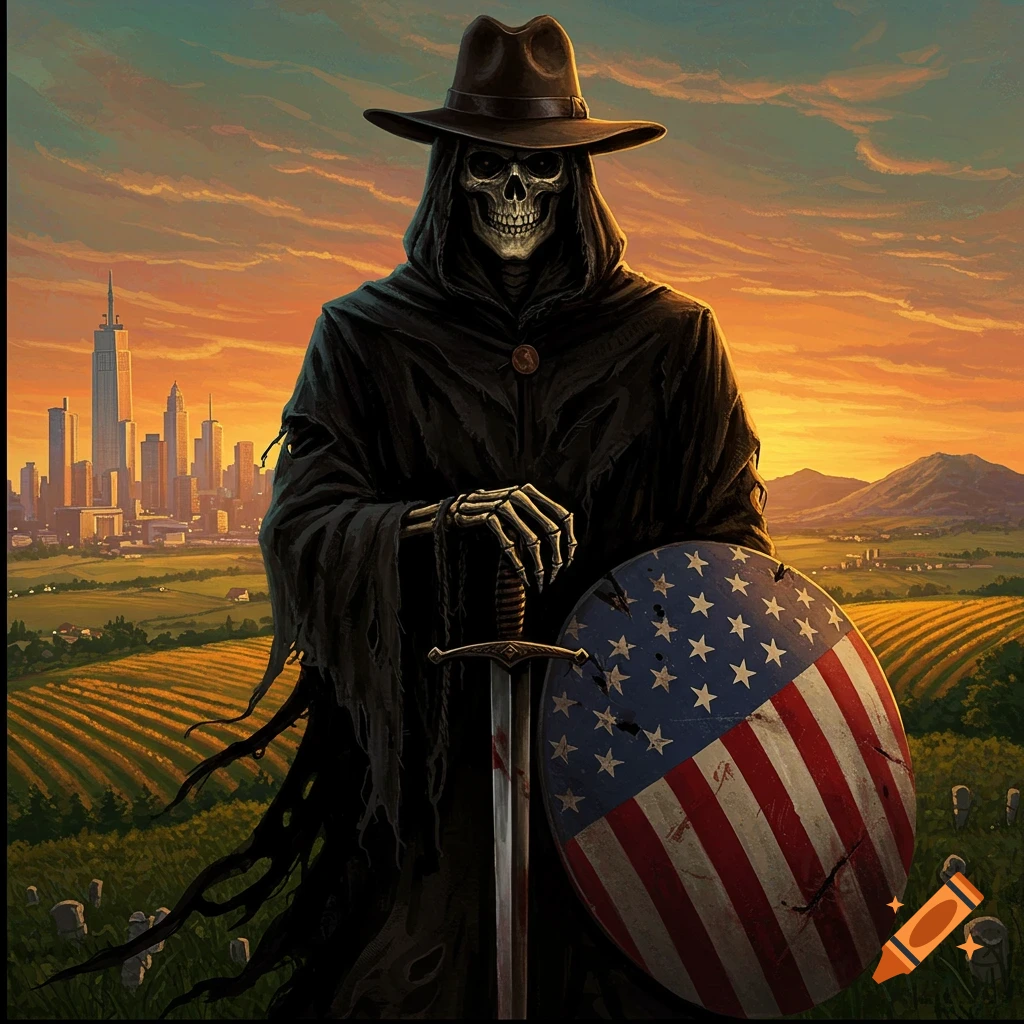 A grim reaper in a hat and robe stands in a field holding a sword and American flag shield, with a city skyline behind him.