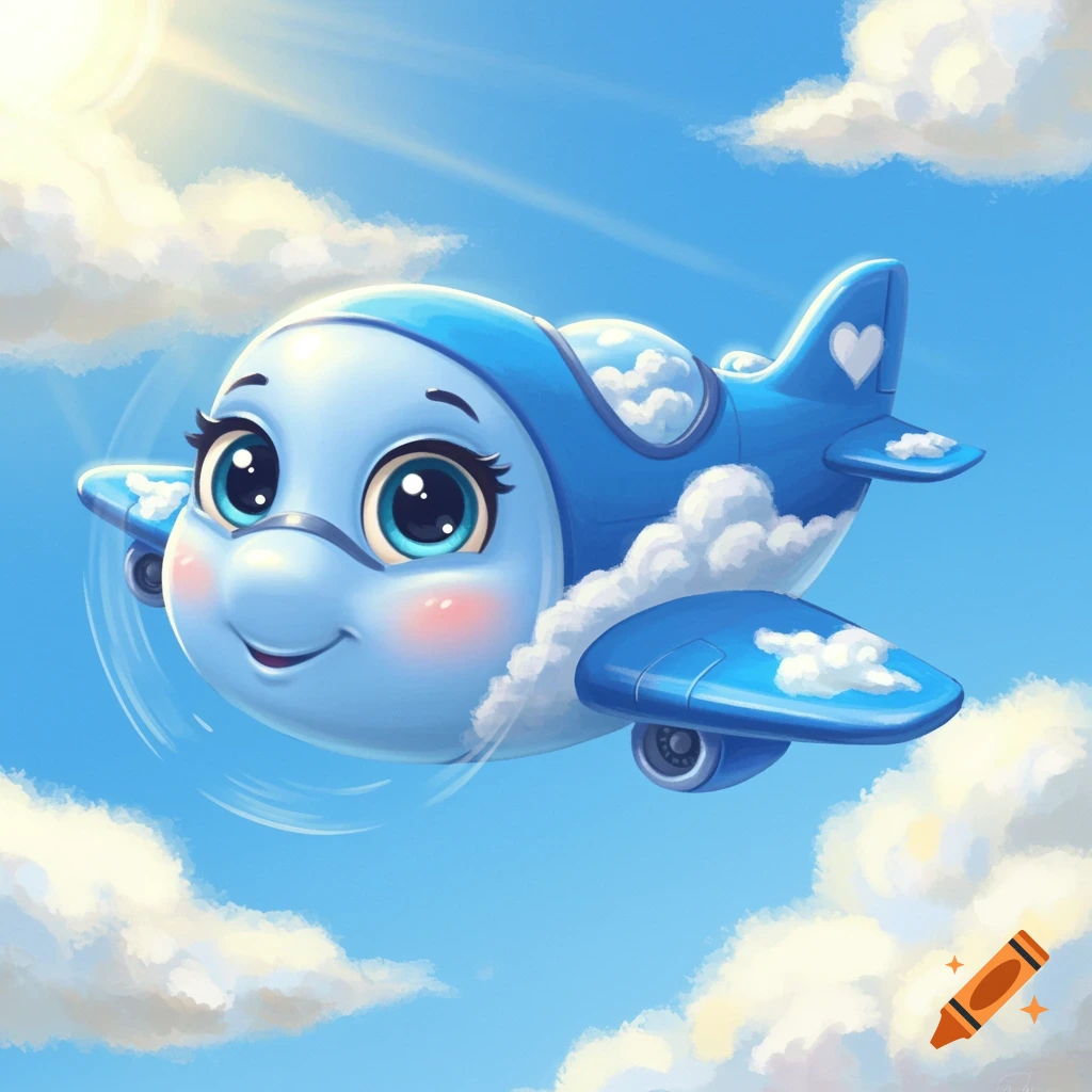 A cute cartoon blue airplane with a smiling face flies in a sunny sky with clouds.