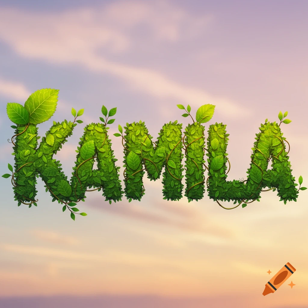 The word "Kamila" formed by green leaves and vines against a soft sky background.