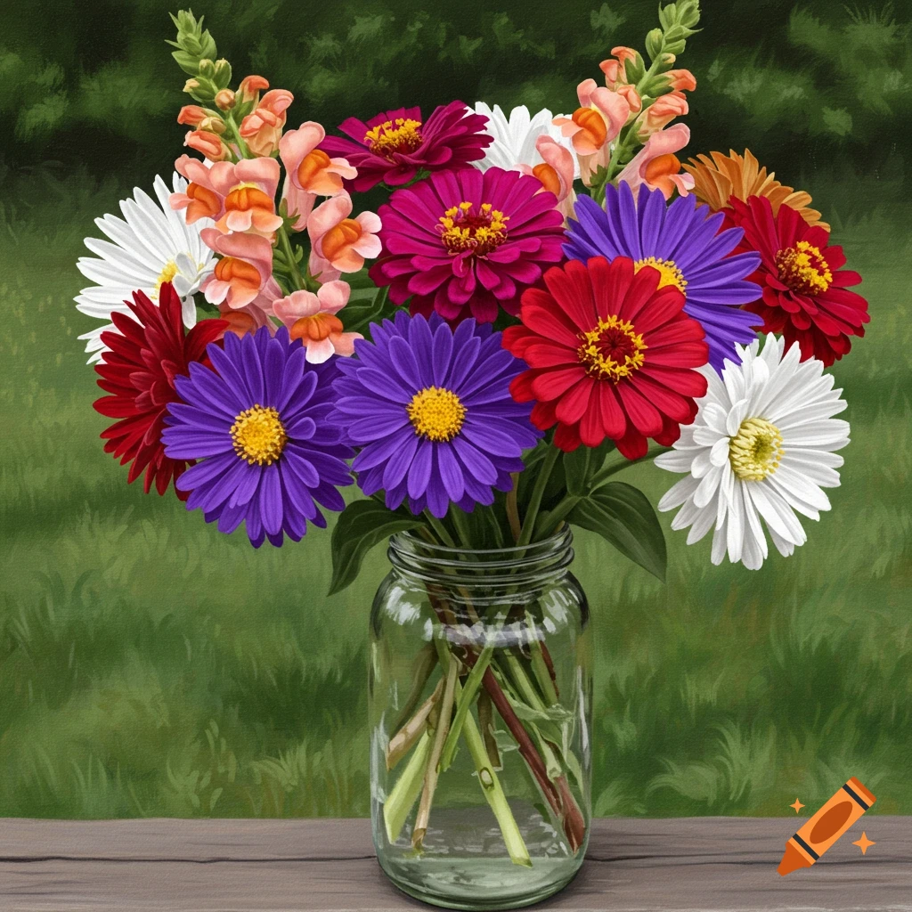 A vibrant bouquet of colorful flowers in a glass jar on a wooden table with a green background.