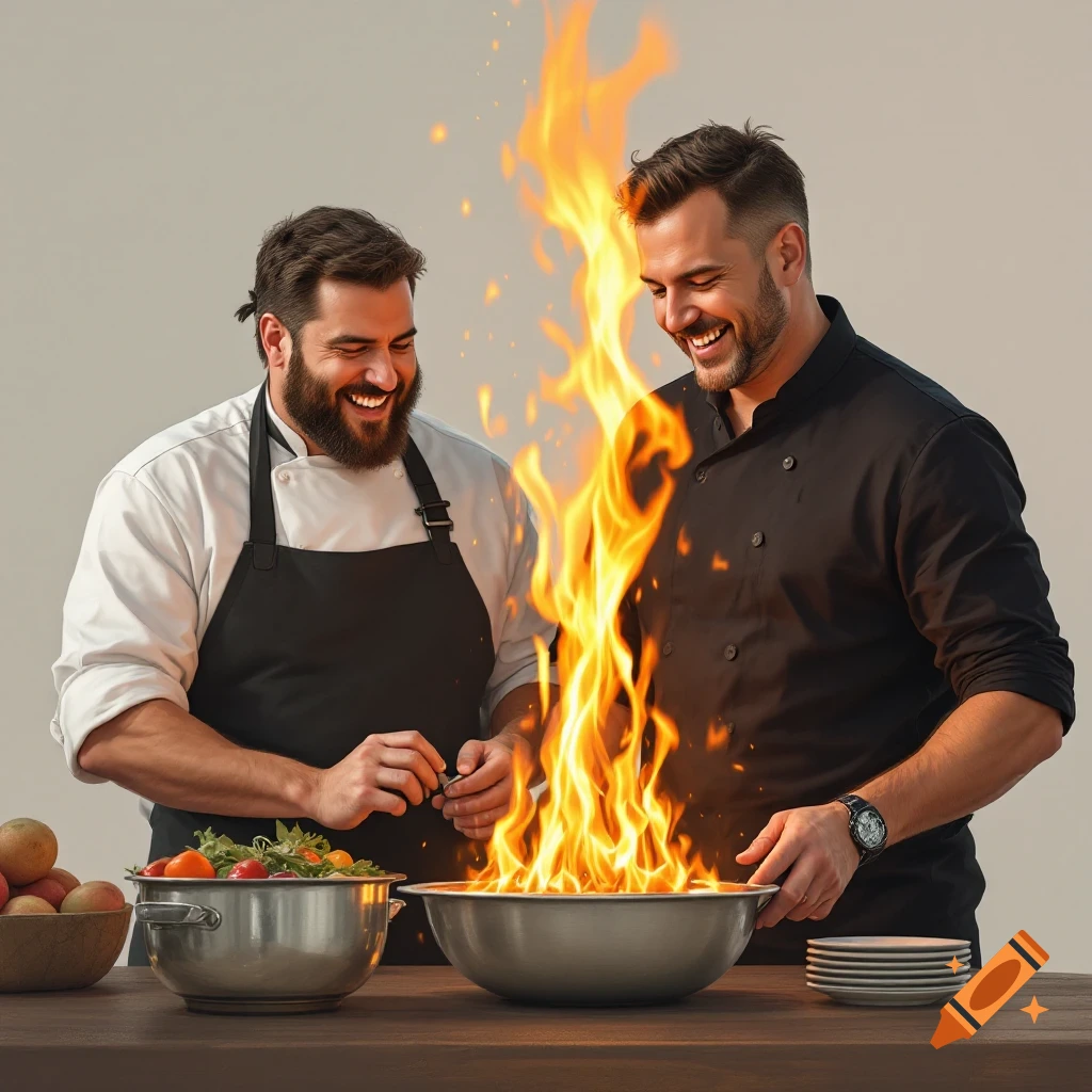 Two smiling chefs cooking over a large flame in a pan.