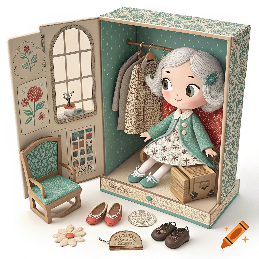A doll with white hair sits in a box designed as a wardrobe, surrounded by miniature furniture and accessories.