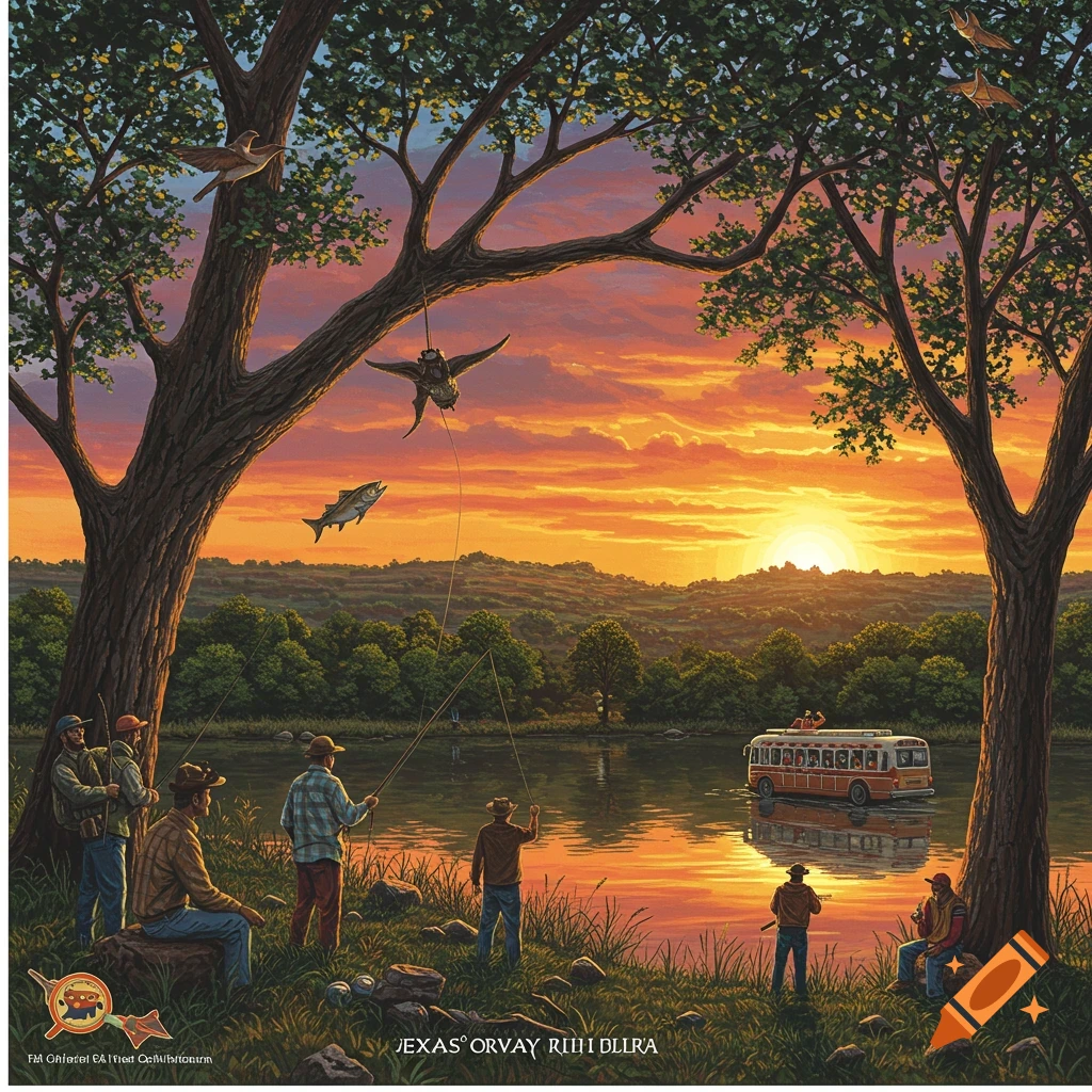 People are fishing and a bus is on a lake in the Texas hill country at sunset.