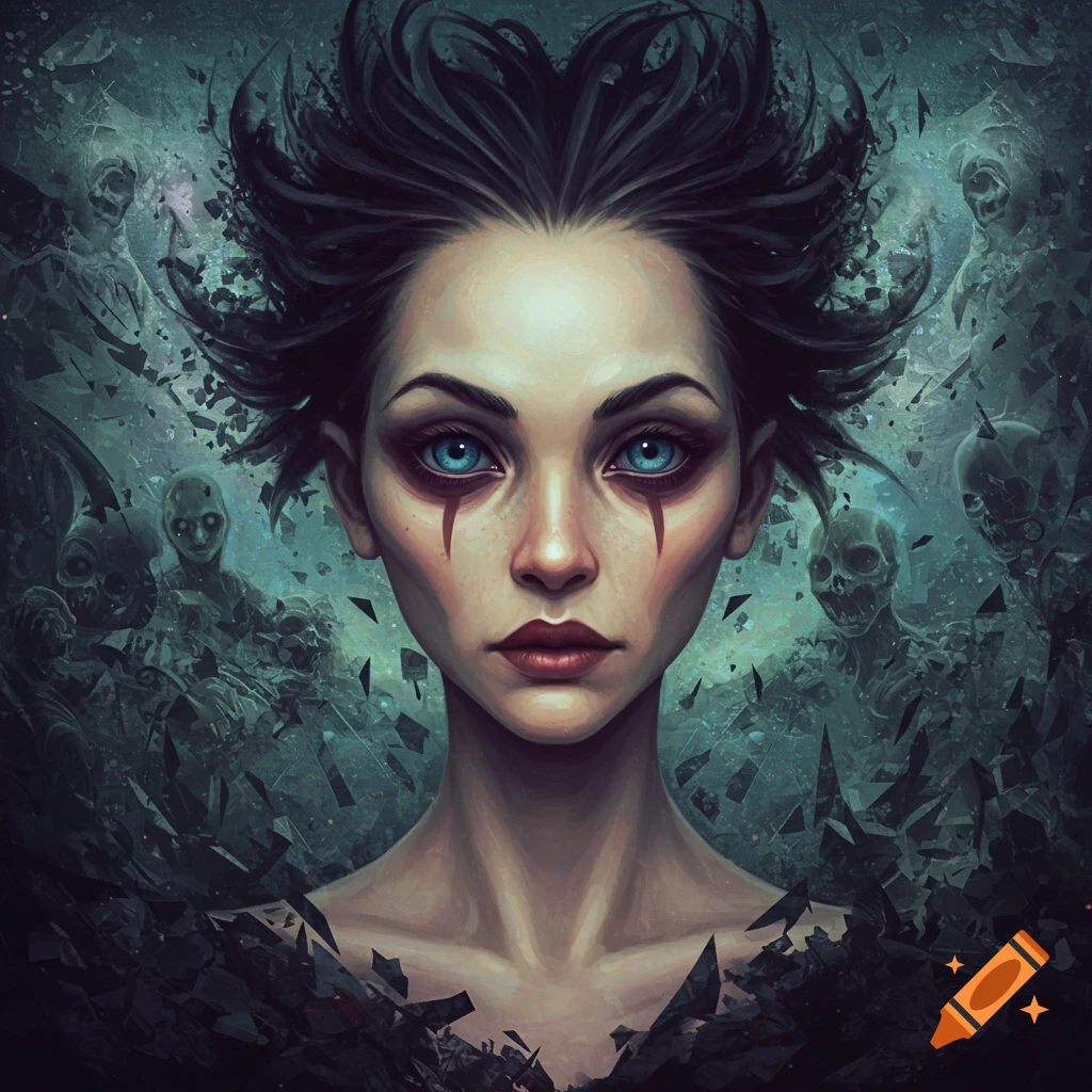 Painting of a woman with dark makeup and blue eyes in a horror style with chaotic, distorted figures in the background.