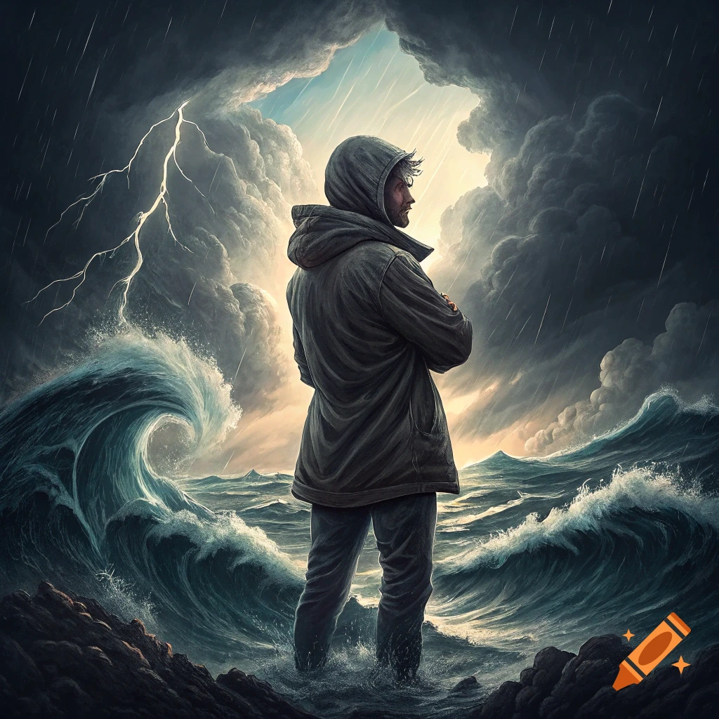 Man in hooded coat stands in stormy waves under a dark sky with lightning.