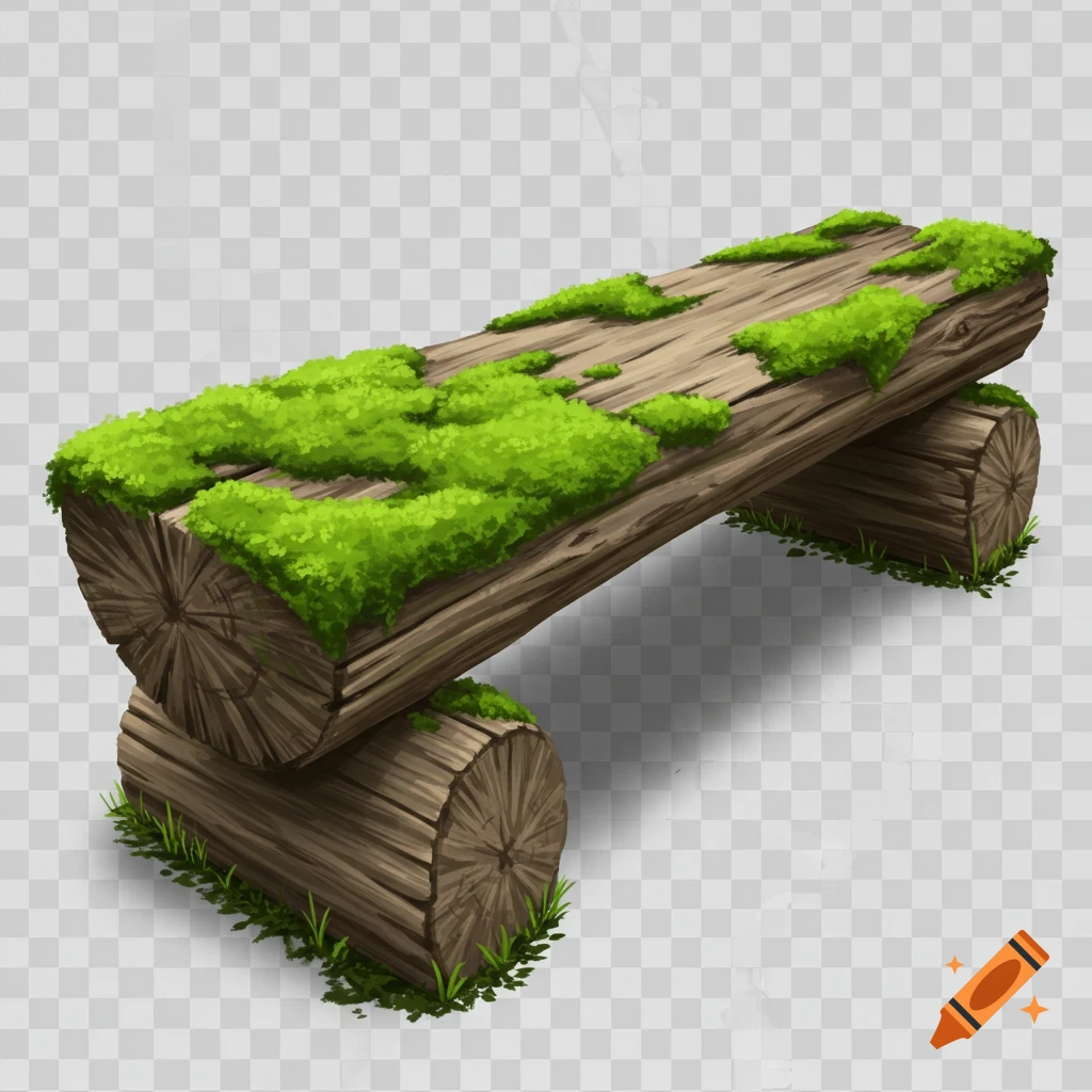 A log bench covered in moss.