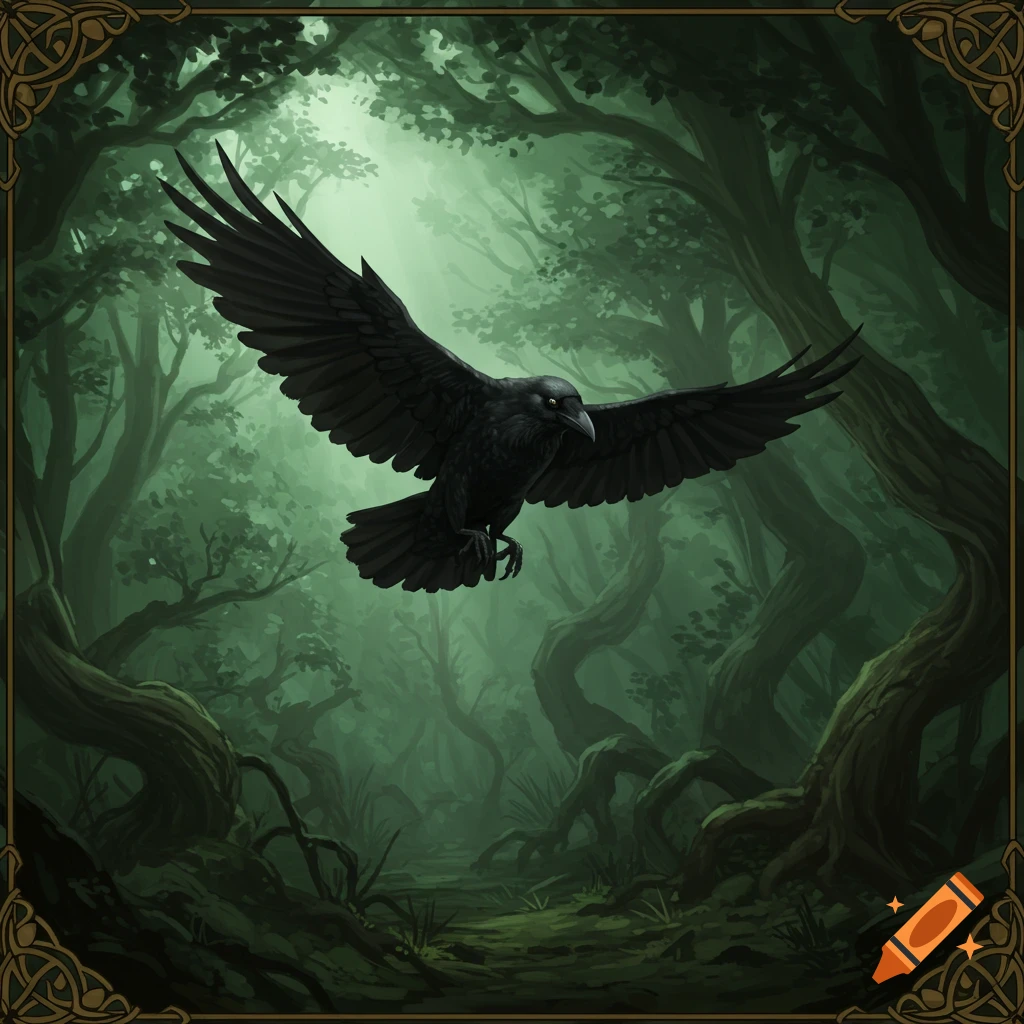 A black raven flying through a misty forest with decorative borders.