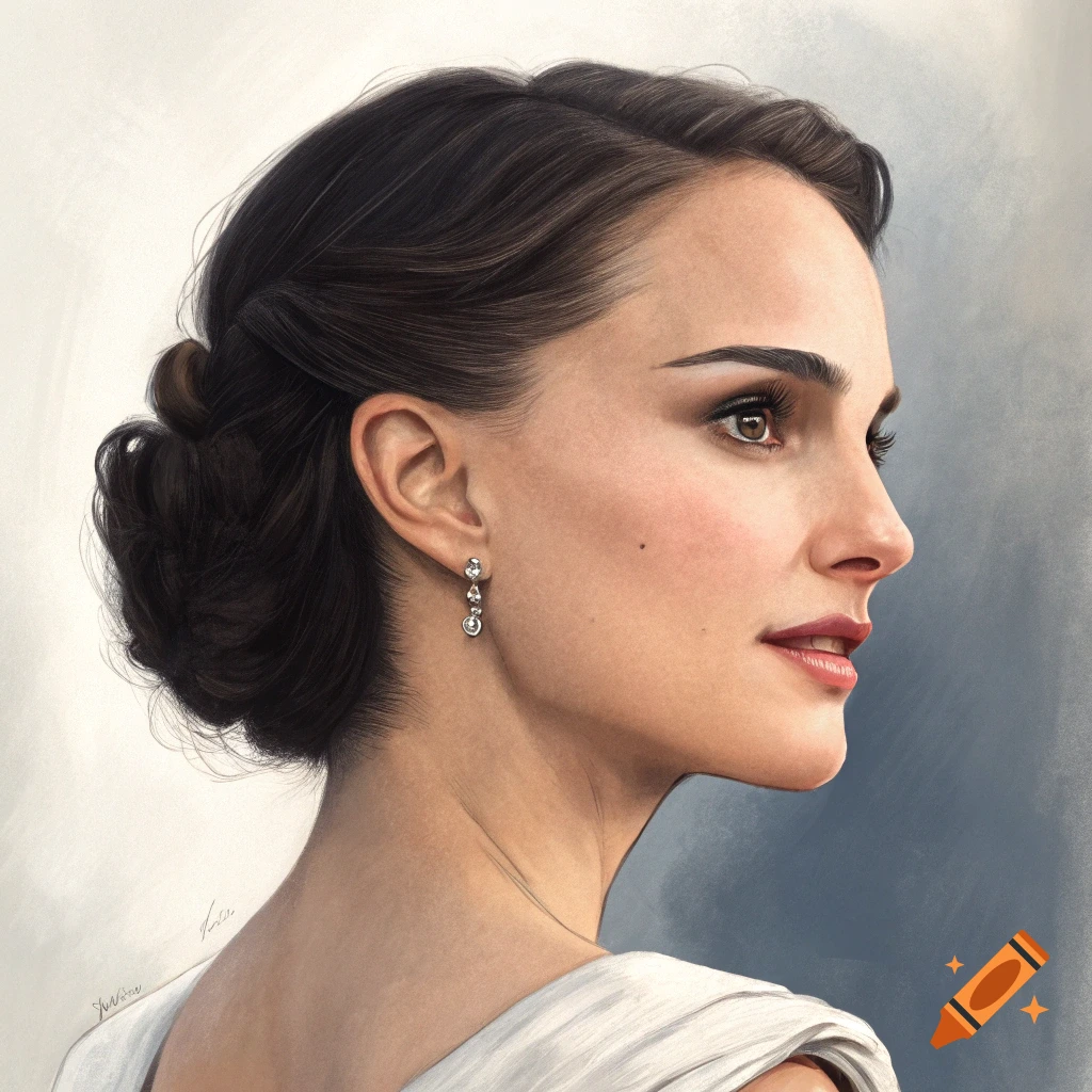 A woman in profile, wearing a white dress and earrings, against a painted background.