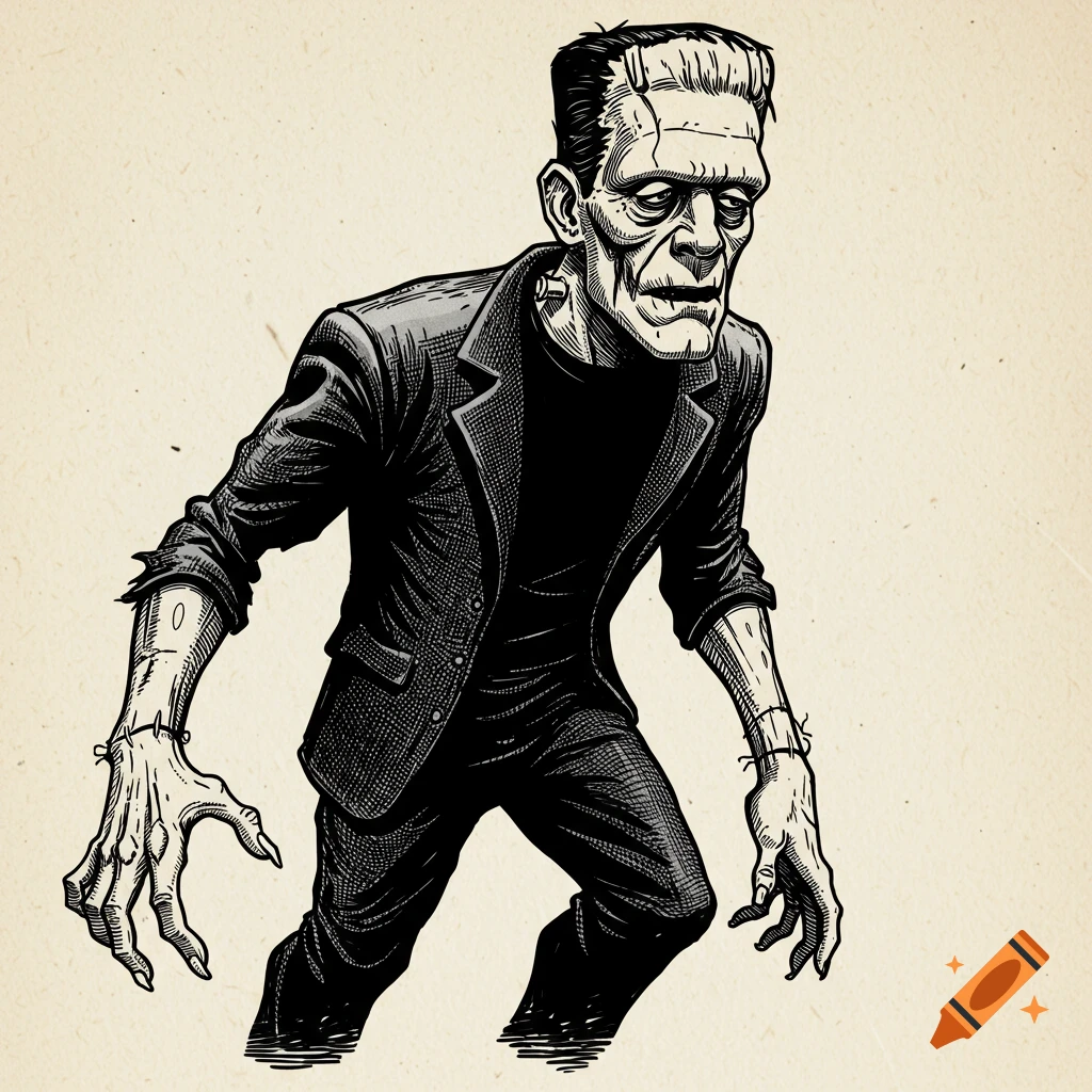 Black and white illustration of Frankenstein's monster in a suit.