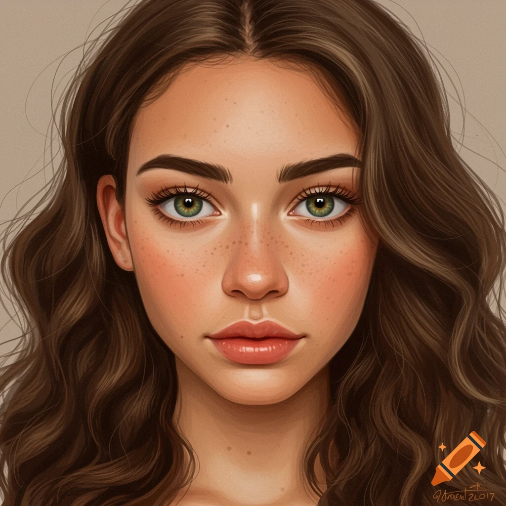 A portrait of a young woman with green eyes, freckles, and brown wavy hair.