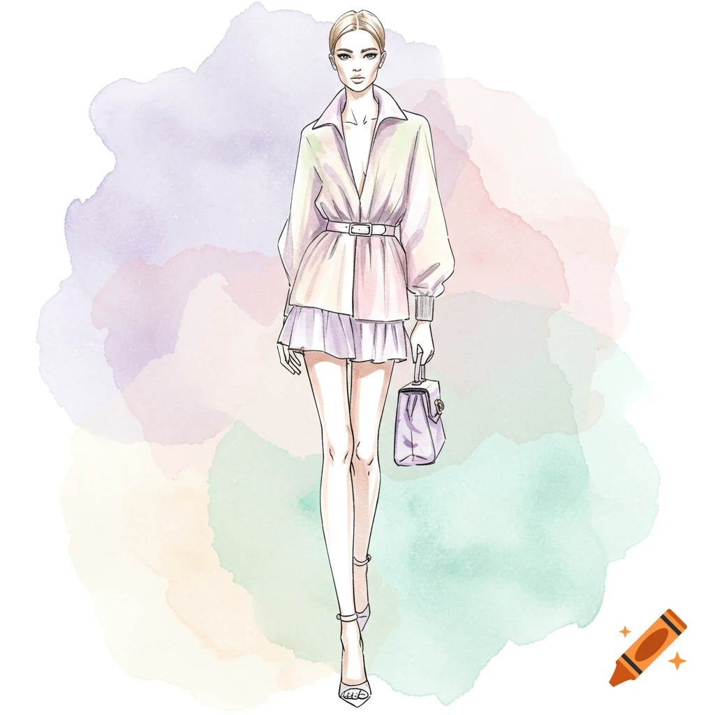 A fashion illustration of a woman in pastel clothing holding a bag, with a watercolor background.