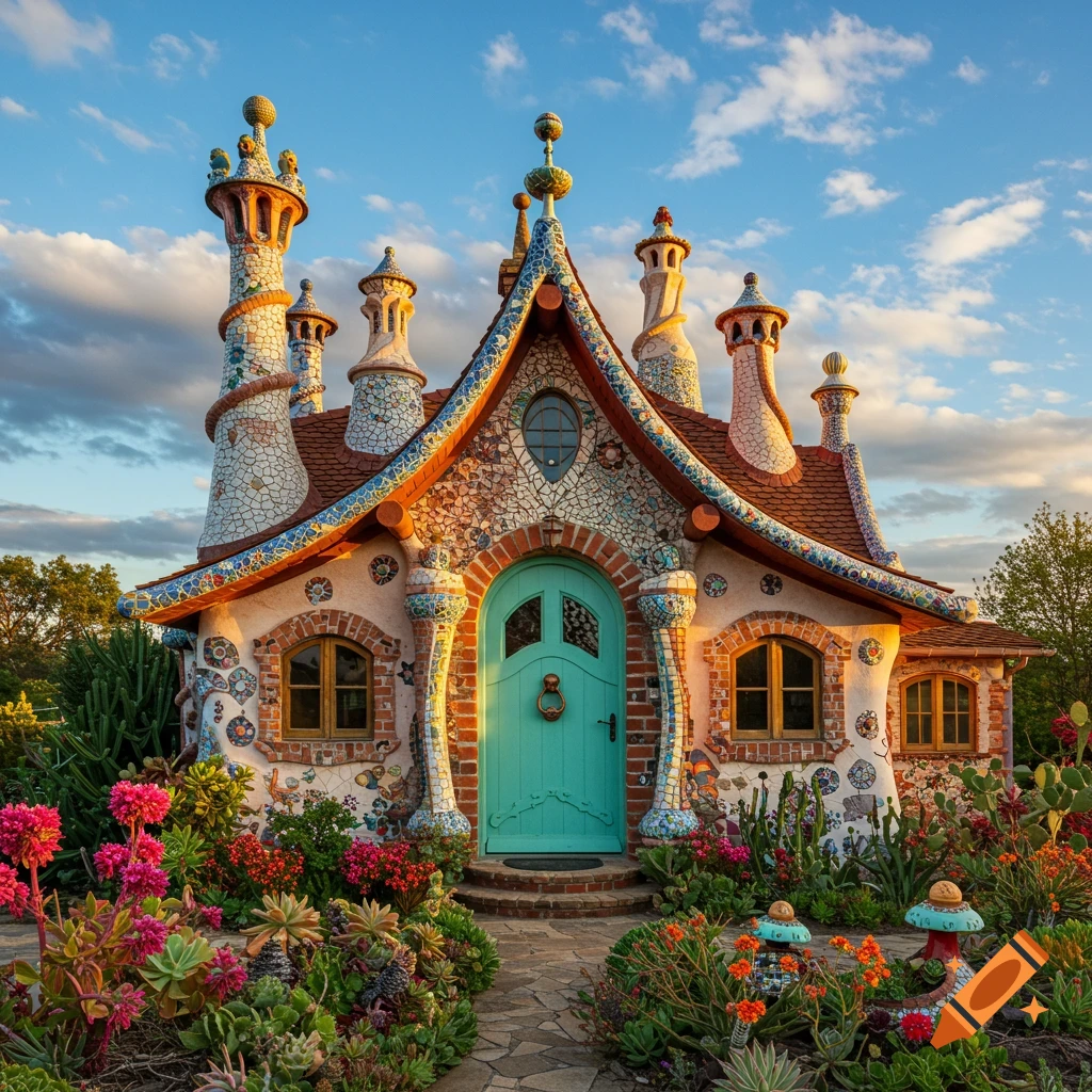 A unique whimsical house with mosaic tiles, multiple twisted chimneys, a teal door, and a vibrant garden.