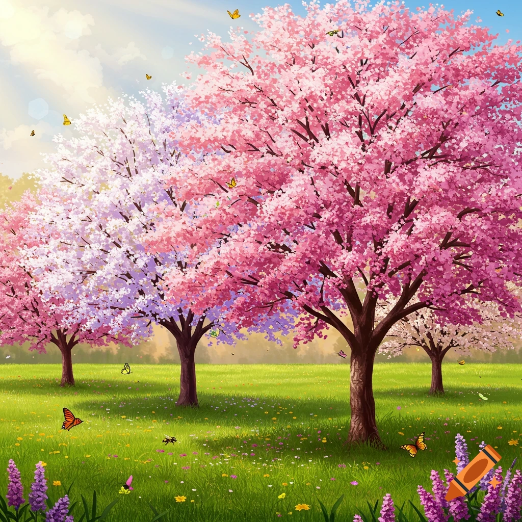 Pink and white cherry blossom trees in a grassy field with flowers and butterflies under a sunny sky.