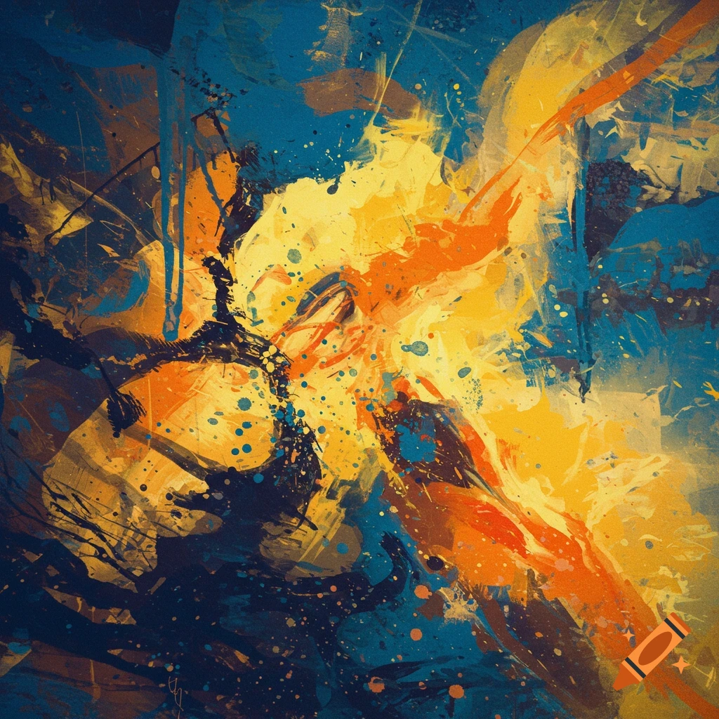 Abstract painting with yellow, orange, and blue splatters and strokes.