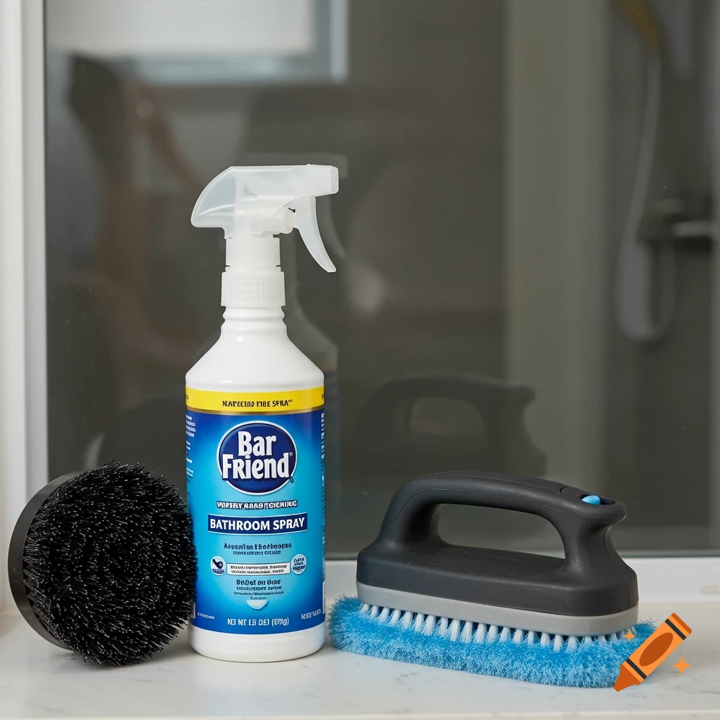 Photorealistic image of a bottle of bathroom spray and two cleaning brushes on a surface.