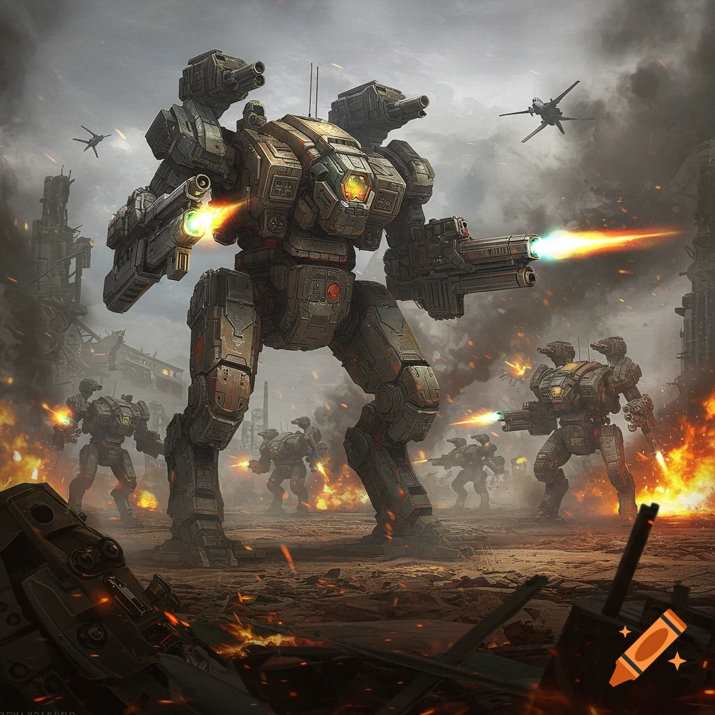Giant mechs fighting in a destroyed city, with fire and smoke.