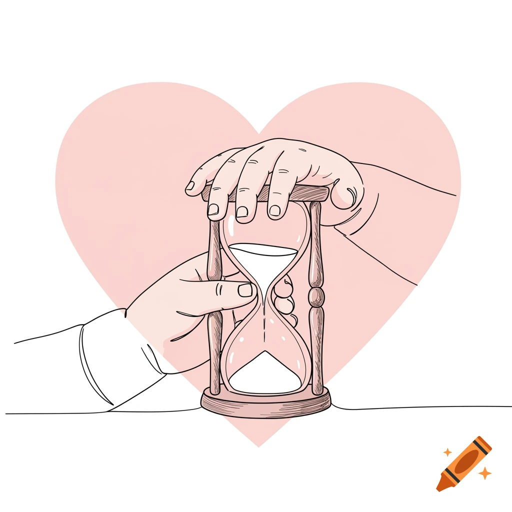 Line drawing illustration of two hands holding an hourglass against a pink heart background.