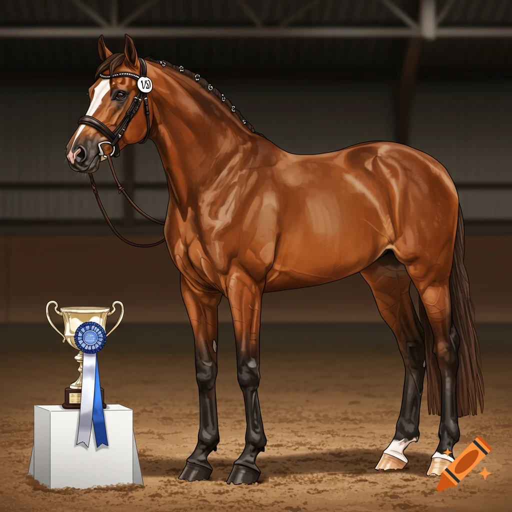 A bay horse stands next to a gold trophy with a blue ribbon in an arena.