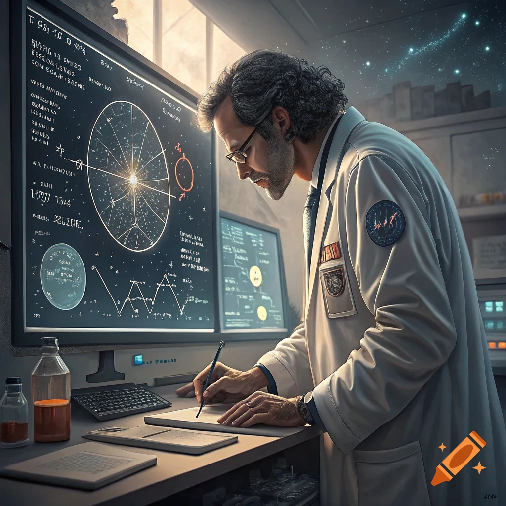 A scientist in a lab coat examines data on computer screens in a laboratory.