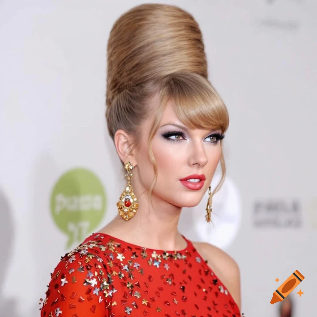 A woman resembling Taylor Swift with a tall beehive hairstyle wears a red dress and ornate earrings.