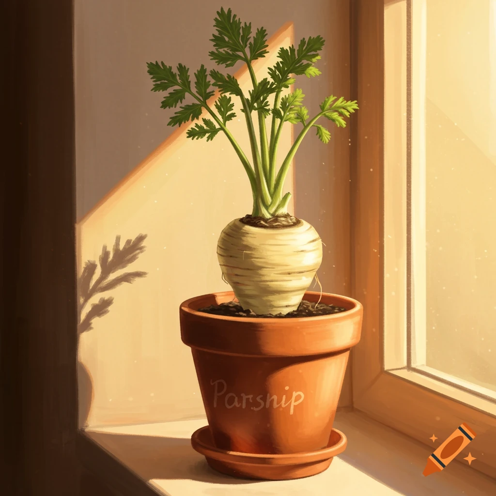 A parsnip plant in a pot on a sunlit windowsill.