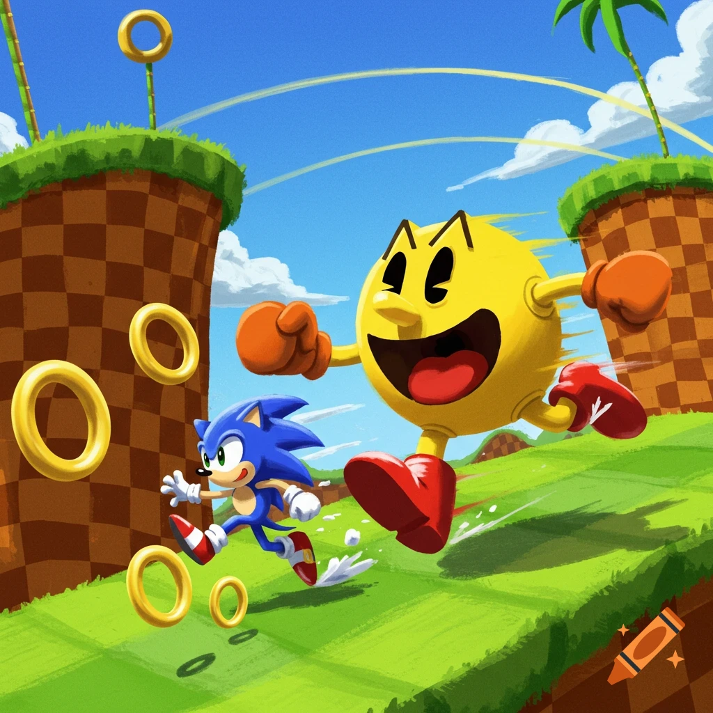 Pac-Man and Sonic the Hedgehog run together through a grassy hill with rings and checkered mounds.