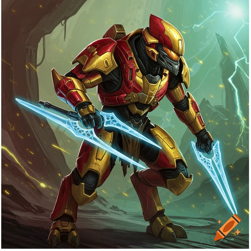 A character in red and gold armor holding two glowing blue energy swords from Halo.