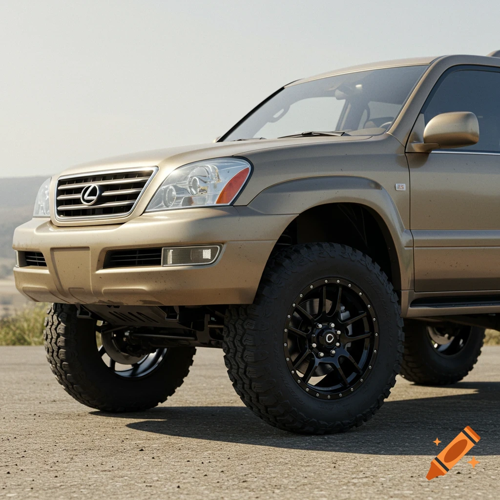 Close-up of a gold Lexus GX470 SUV with large tires and raised front suspension on a paved road.
