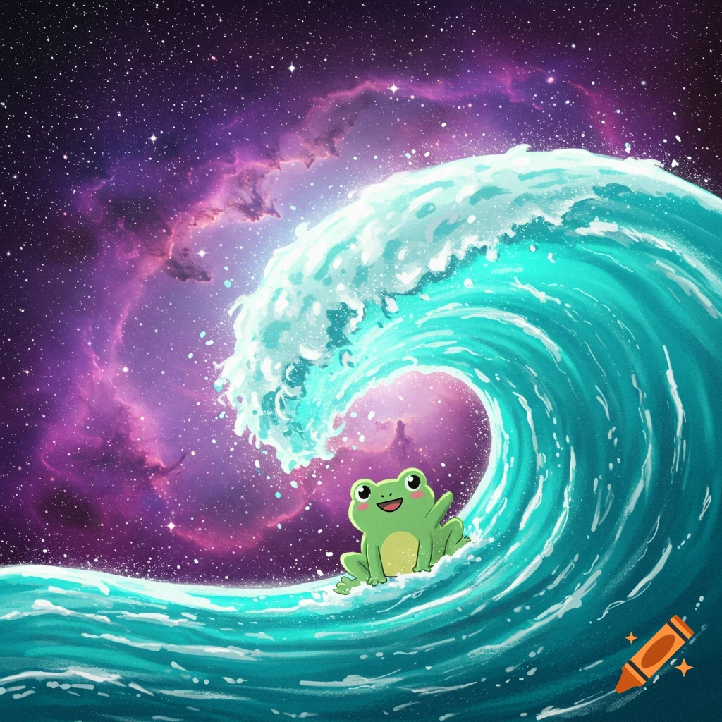Cartoon frog rides a large wave in starry space with nebulas.