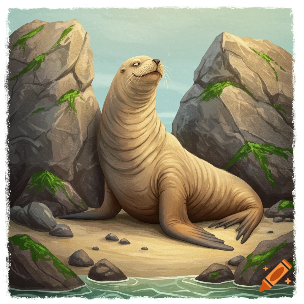 A sea lion rests on a sandy beach between large rocks.