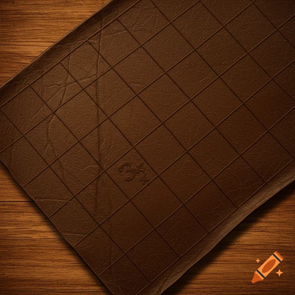 A brown leather mat with a diagonal grid pattern rests on a wooden surface.