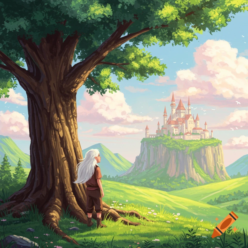 A young person looks at a fantasy castle on a hill from under a large tree.
