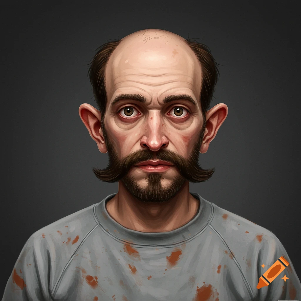 A man with mutton chops, large ears, baldness, and stains on his shirt