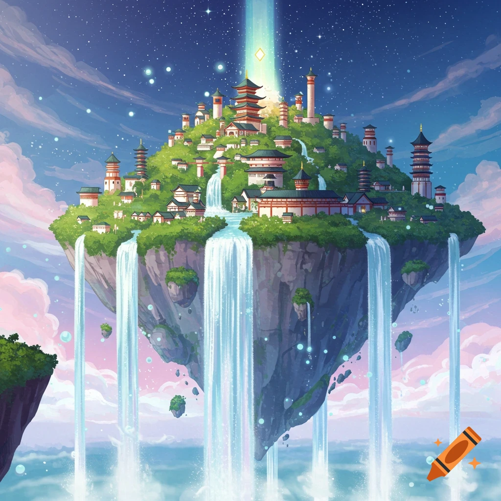 A large floating island with Japanese-style buildings and waterfalls cascading down.
