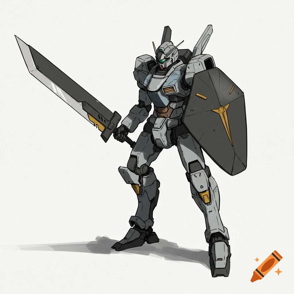 A gray and white mech holding a large sword and shield on a white background.