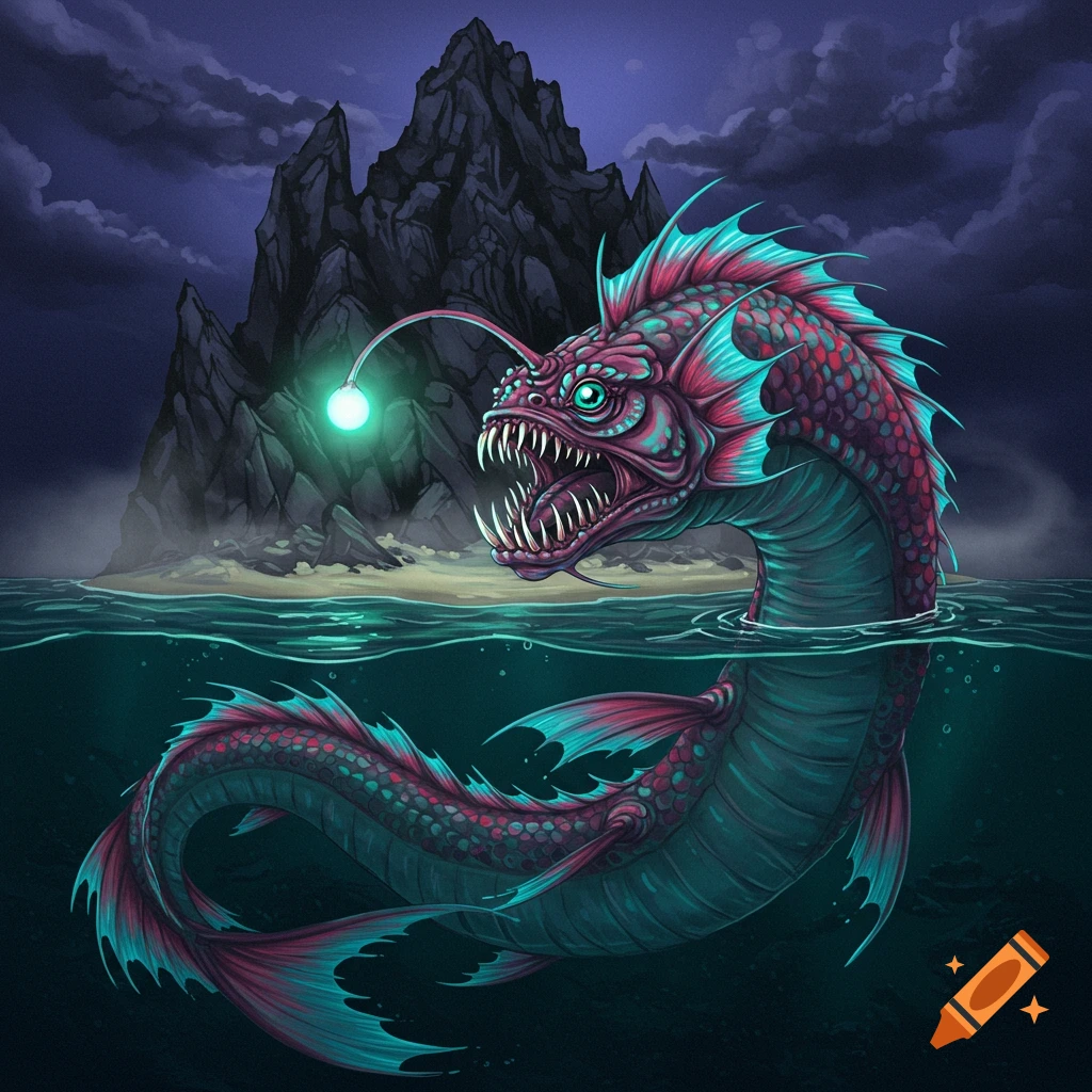 A pink and teal sea serpent creature with a glowing lure rises from dark water near a rocky island.