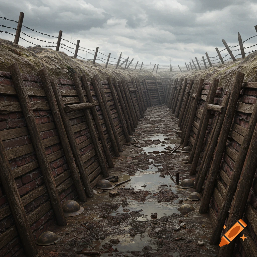 A muddy, empty World War 1 trench with wooden walls, barbed wire, scattered helmets, and a cloudy sky