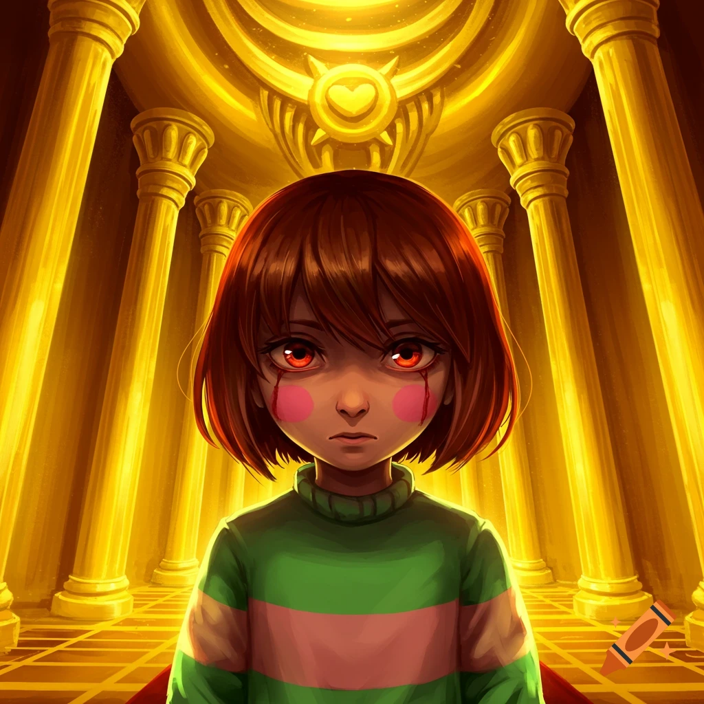 Undertale character Chara with red eyes and pink cheeks in the golden Judgement Hall, looking at the viewer.