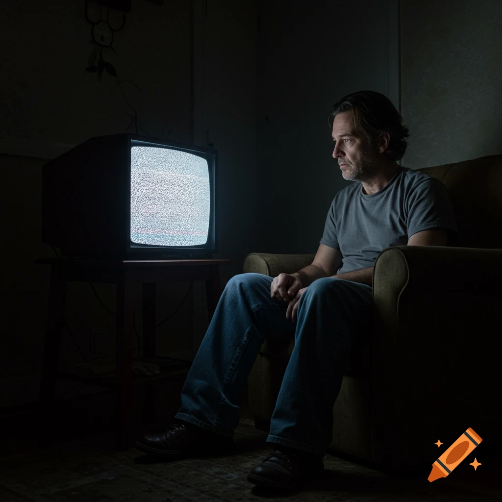 Man sits in a dark room watching static on an old television.