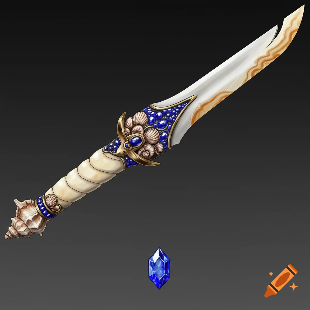 An ornate dagger with a seashell and sapphire hilt and a large blue gem below.