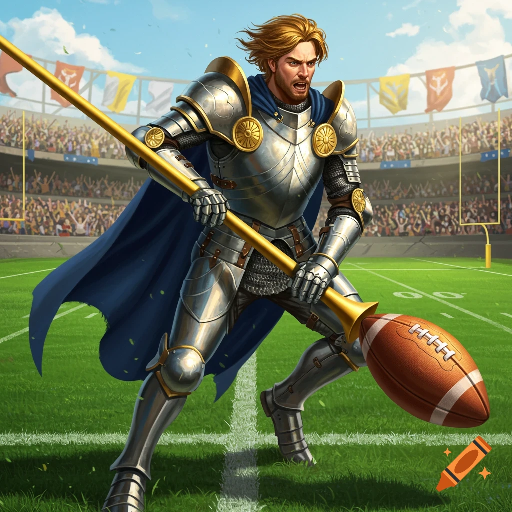 A knight runs on a football field with a football on his lance during a game in a stadium.