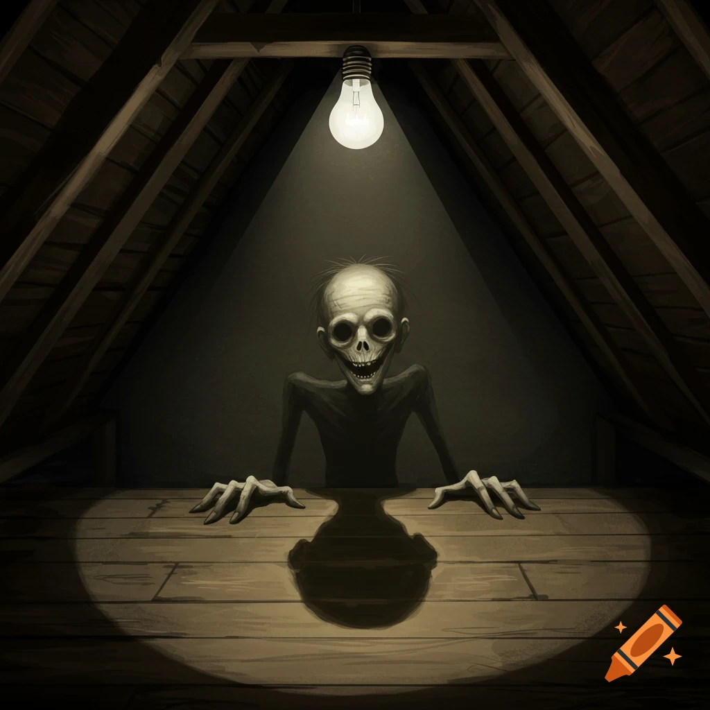 A creepy, skeletal figure is seen peaking up in a dark attic under a single light bulb.