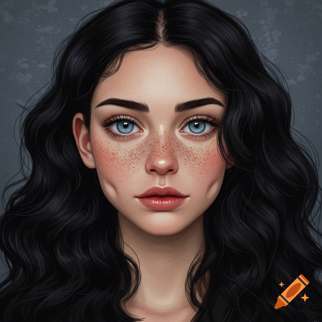 Portrait of a woman with blue eyes, freckles, and dimples.
