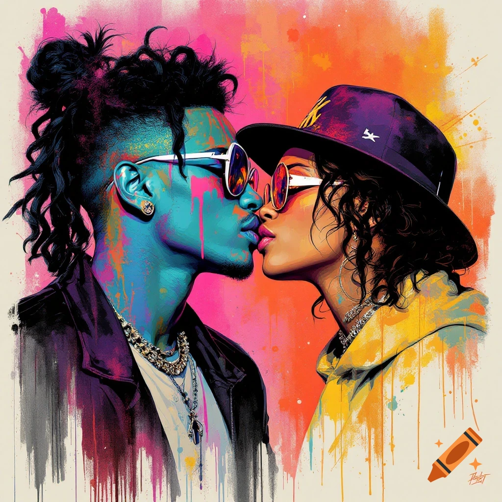 A couple kissing with vibrant colors and street art style.