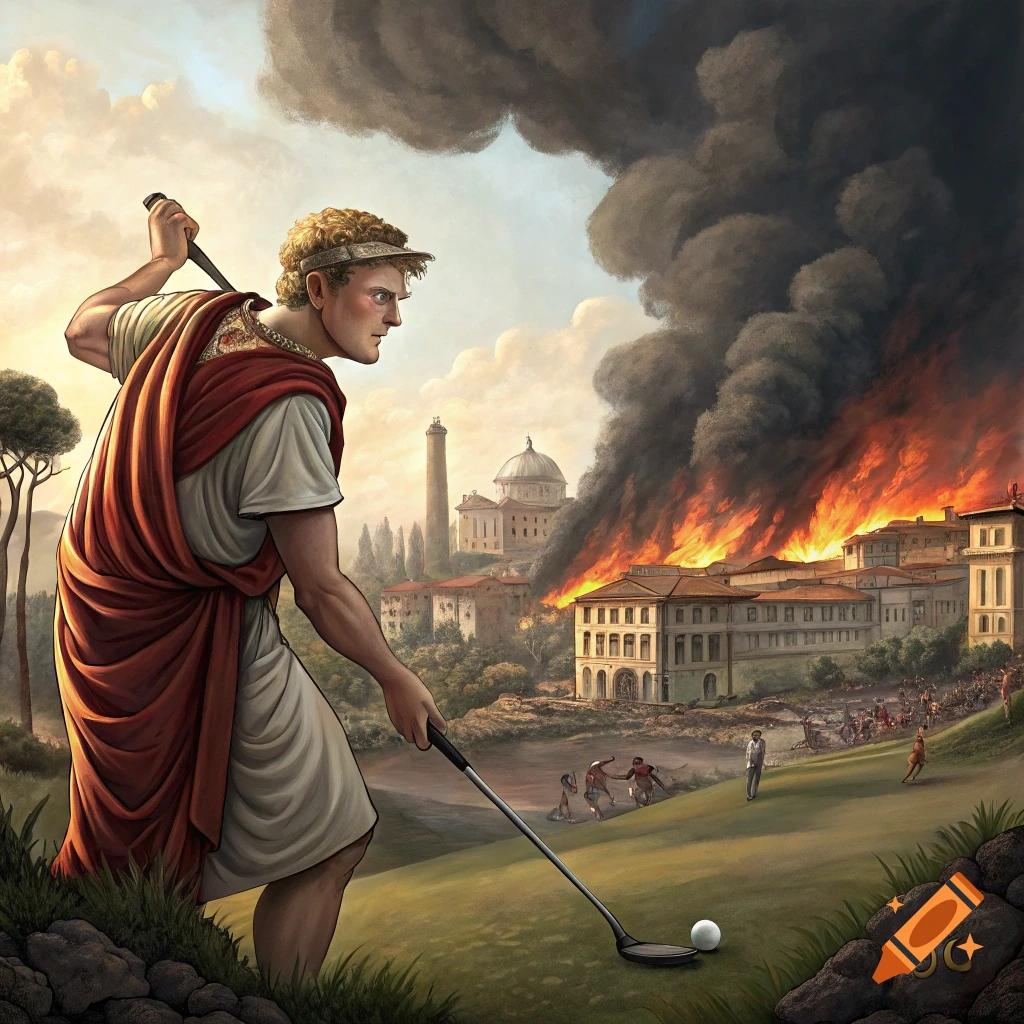 Man in Roman clothing playing golf while city burns behind him.